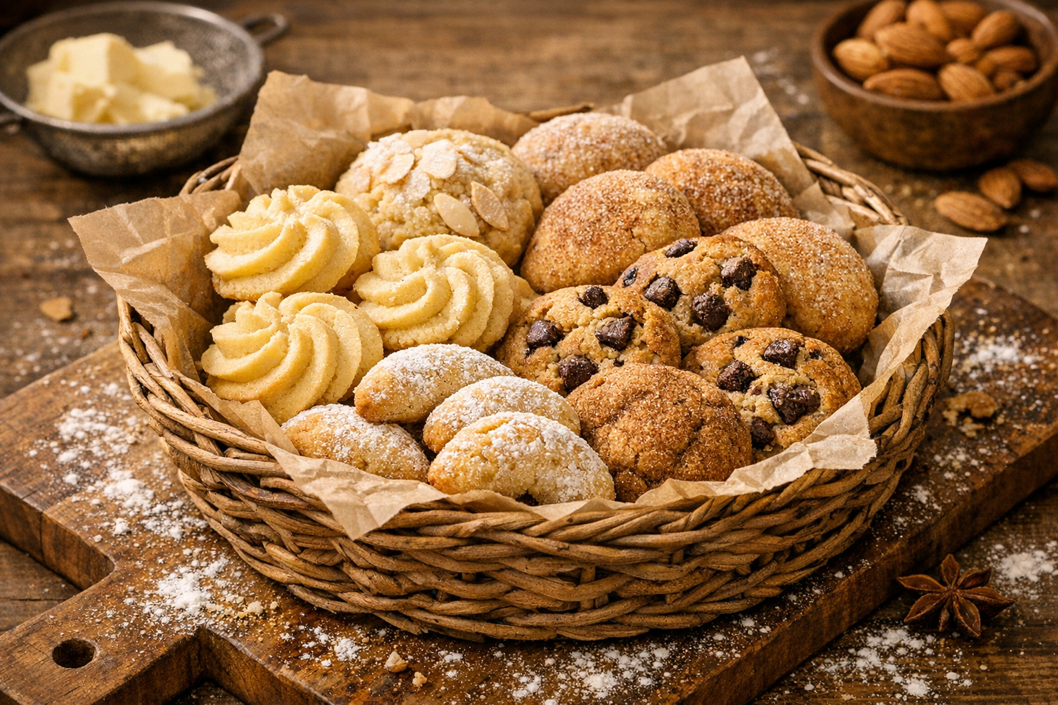 Tahta sepette el yapımı kurabiyeler