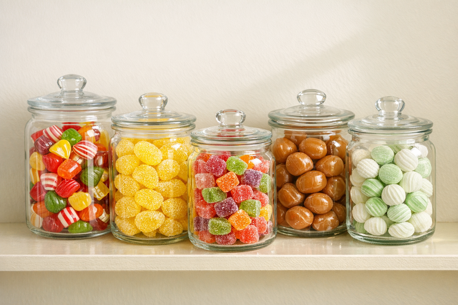 Renkli şekerlemeler cam kavanozda